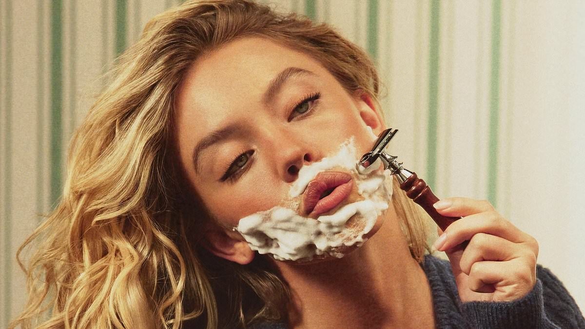 Sydney Sweeney grabs attention as she shaves her face before sticking her tongue out while modelling lingerie from her SYRN line
