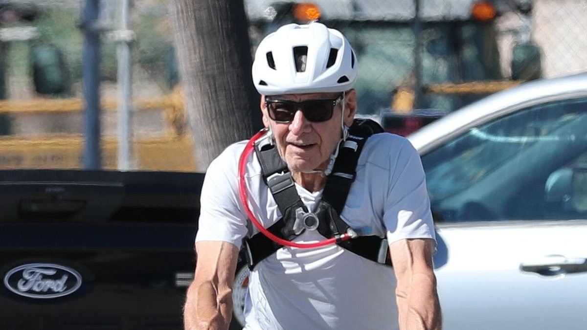 Harrison Ford, 84, shows off his remarkably ripped physique while bike riding by the beach