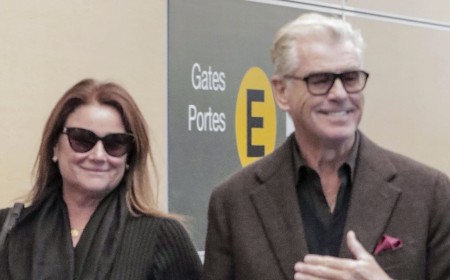 Pierce Brosnan's stunning wife Keely, 63, shows off her slimmed-down figure in a chic black dress as the couple jet out of Canada together