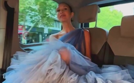 Myleene Klass struggles to fit her HUGE ballgown in the back of a cab as she works on her latest project after saying she's 'too busy' for Hear'Say and Liberty X reunion tour