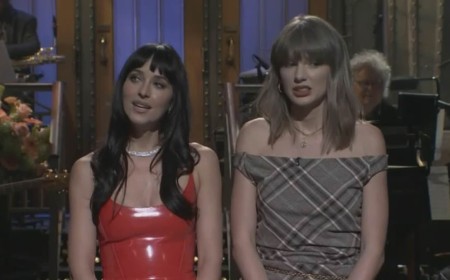 Taylor Swift makes surprise SNL appearance as she crashes Dakota Johnson's monologue and jokes about being her 'breakup therapist'... before Travis Kelce shoutout